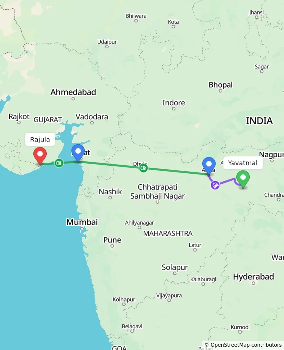 Route map showing distance and travel time from Yavatmal, India to Rajula, India