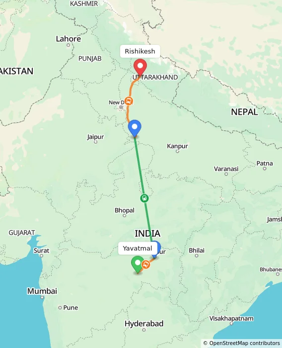 Route map showing distance and travel time from Yavatmal, India to Rishikesh, India