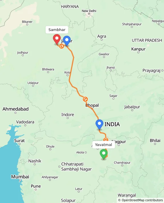 Route map showing distance and travel time from Yavatmal, India to Sambhar, India