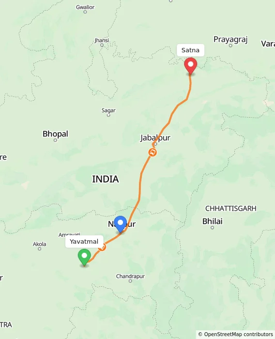 Route map showing distance and travel time from Yavatmal, India to Satna, India