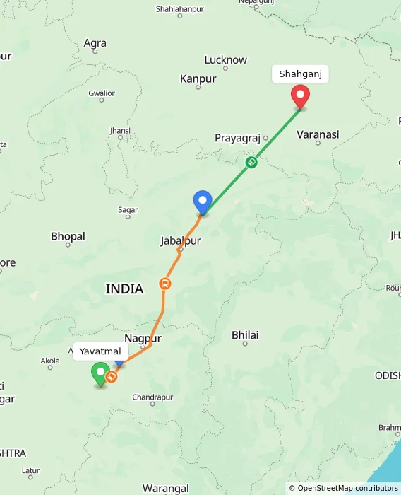 Route map showing distance and travel time from Yavatmal, India to Shahganj, India