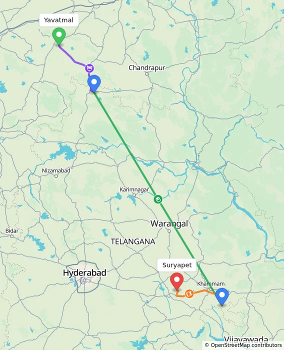 Route map showing distance and travel time from Yavatmal, India to Suryapet, India