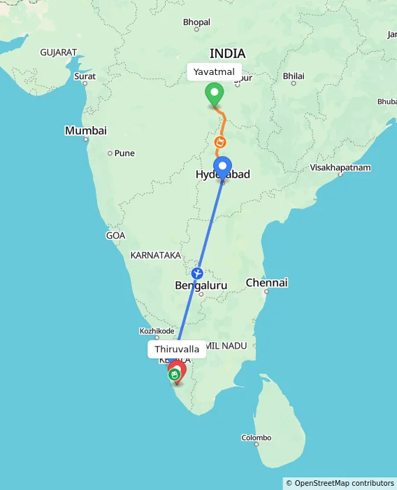 Route map showing distance and travel time from Yavatmal, India to Thiruvalla, India