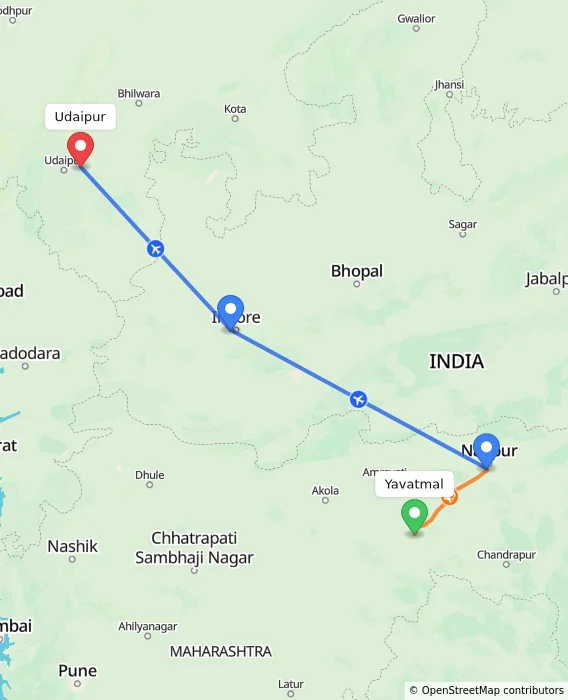Route map showing distance and travel time from Yavatmal, India to Udaipur, India