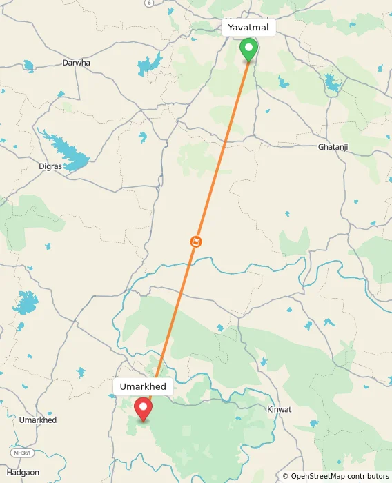 Route map showing distance and travel time from Yavatmal, India to Umarkhed, India