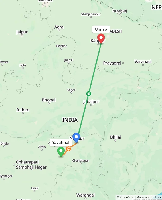 Route map showing distance and travel time from Yavatmal, India to Unnao, India