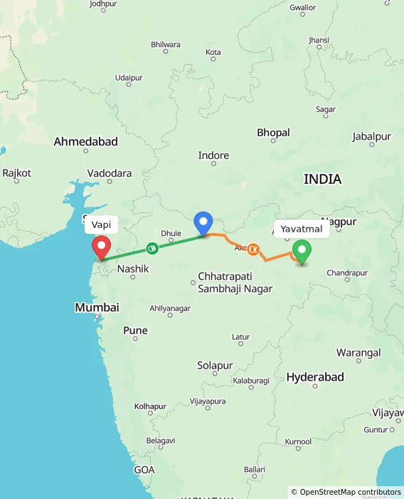 Route map showing distance and travel time from Yavatmal, India to Vapi, India
