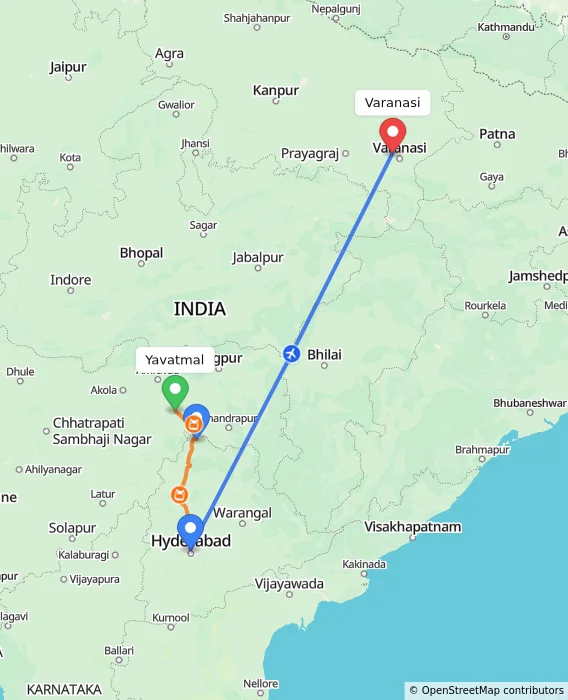 Route map showing distance and travel time from Yavatmal, India to Varanasi, India