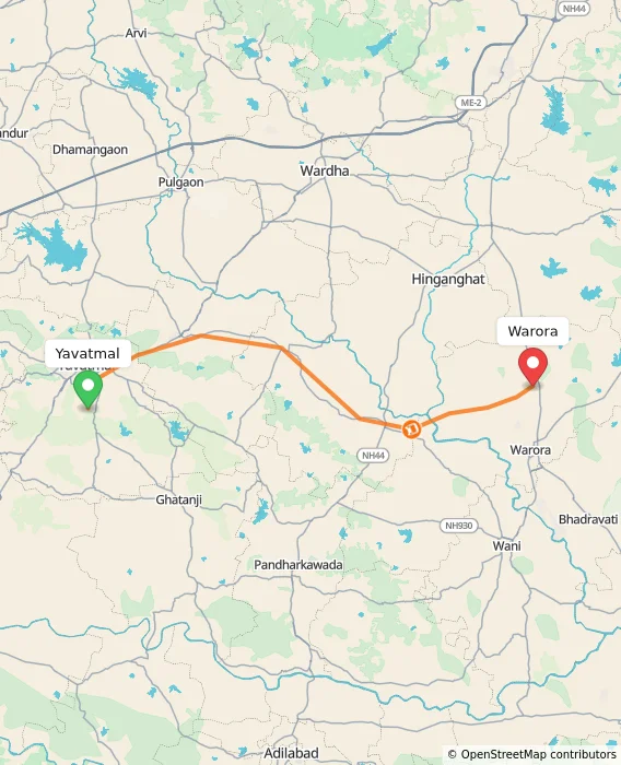 Route map showing distance and travel time from Yavatmal, India to Warora, India