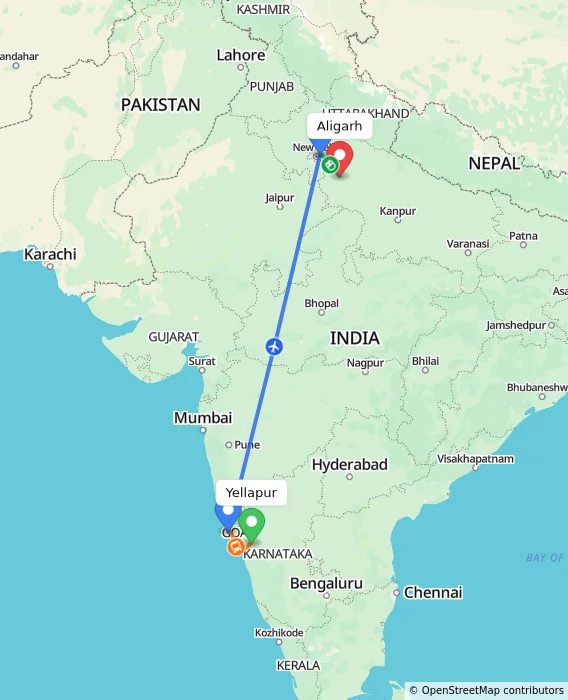 Route map showing distance and travel time from Yellapur, India to Aligarh, India