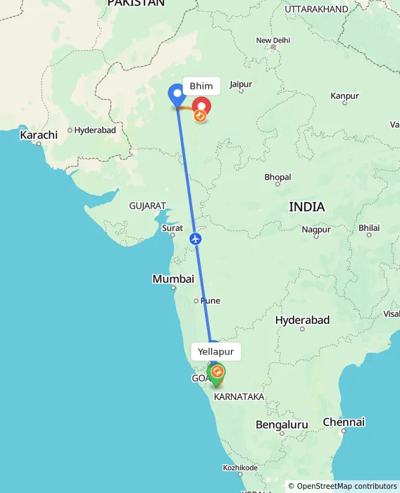 Route map showing distance and travel time from Yellapur, India to Bhim, India
