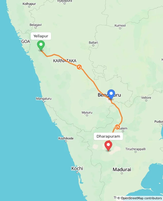 Route map showing distance and travel time from Yellapur, India to Dharapuram, India