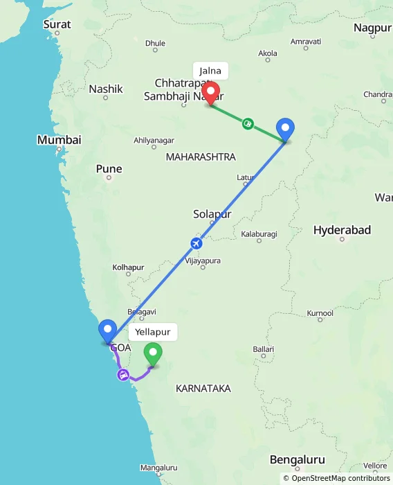Route map showing distance and travel time from Yellapur, India to Jalna, India