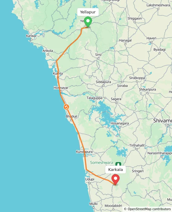 Route map showing distance and travel time from Yellapur, India to Karkala, India