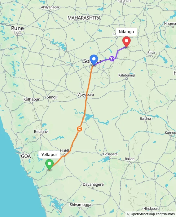 Route map showing distance and travel time from Yellapur, India to Nilanga, India