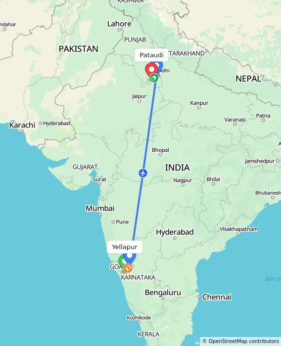 Route map showing distance and travel time from Yellapur, India to Pataudi, India