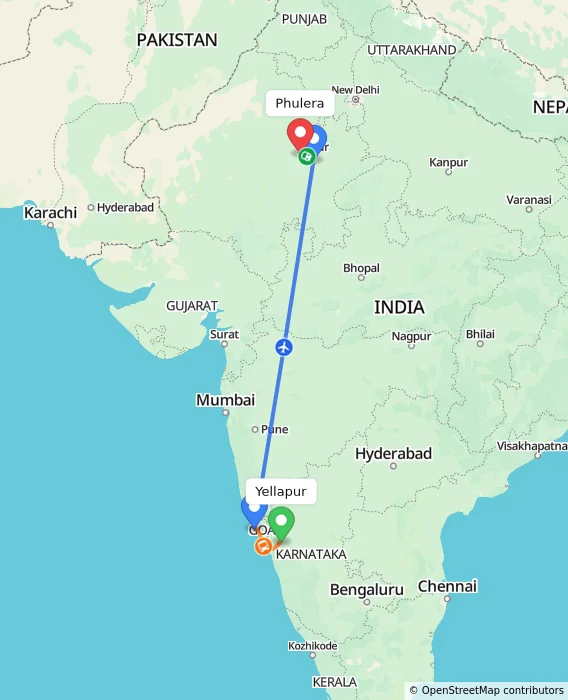 Route map showing distance and travel time from Yellapur, India to Phulera, India