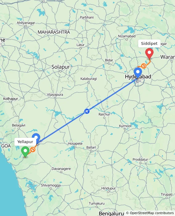 Route map showing distance and travel time from Yellapur, India to Siddipet, India