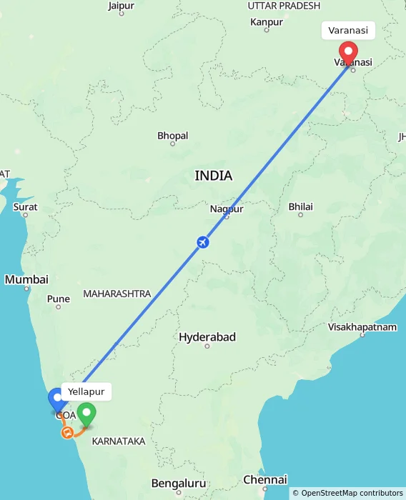 Route map showing distance and travel time from Yellapur, India to Varanasi, India