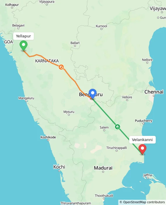 Route map showing distance and travel time from Yellapur, India to Velankanni, India