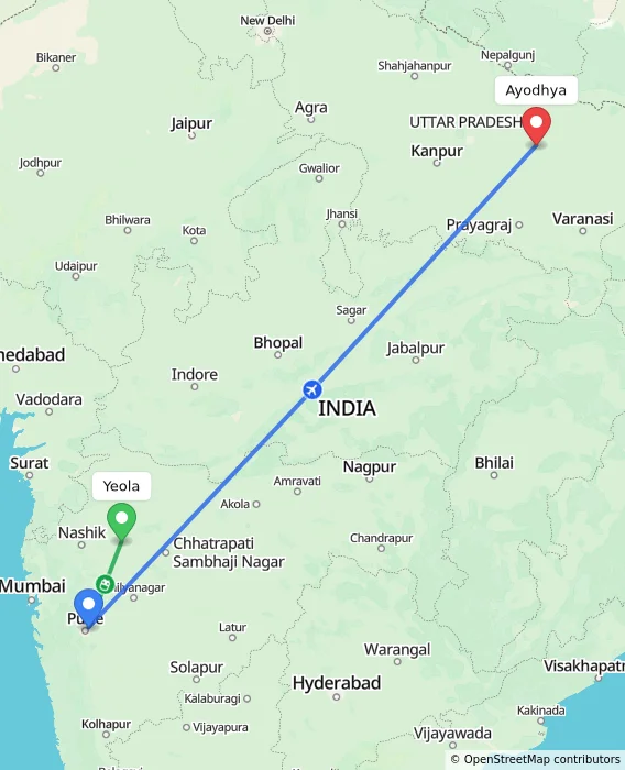 Route map showing distance and travel time from Yeola, India to Ayodhya, India