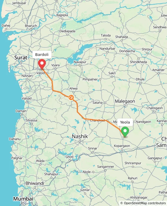 Route map showing distance and travel time from Yeola, India to Bardoli, India