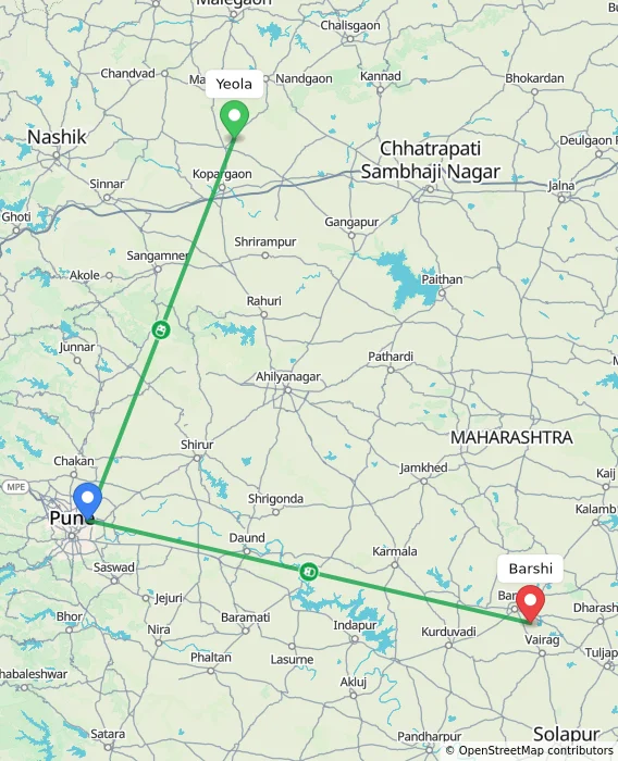 Route map showing distance and travel time from Yeola, India to Barshi, India