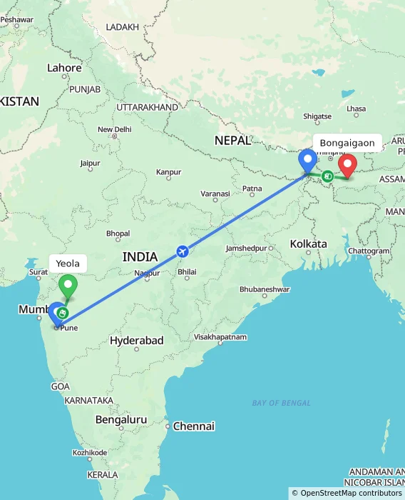 Route map showing distance and travel time from Yeola, India to Bongaigaon, India
