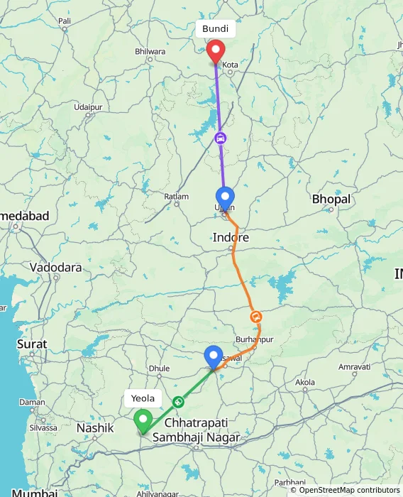 Route map showing distance and travel time from Yeola, India to Bundi, India