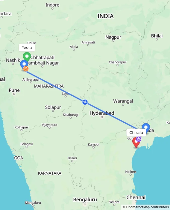 Route map showing distance and travel time from Yeola, India to Chirala, India
