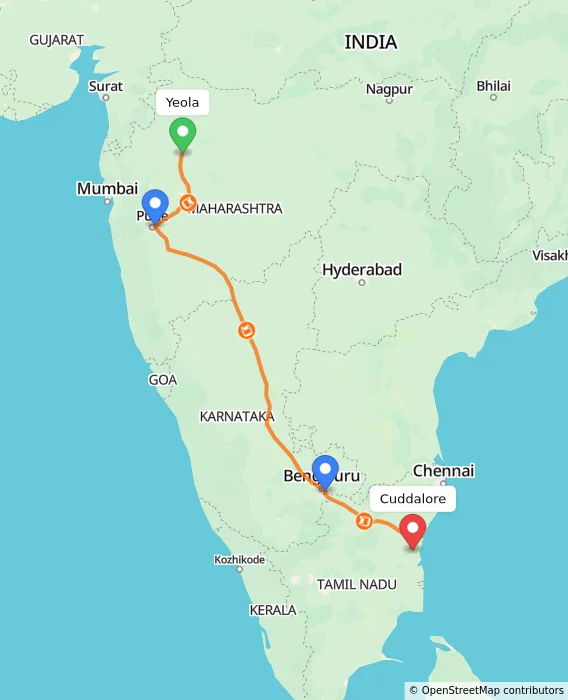 Route map showing distance and travel time from Yeola, India to Cuddalore, India