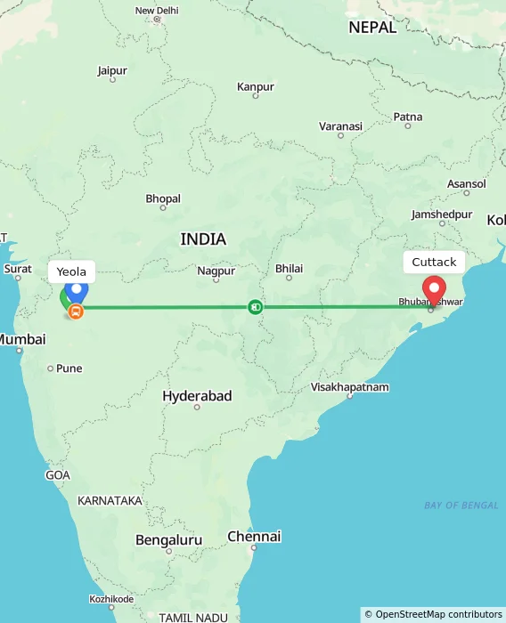 Route map showing distance and travel time from Yeola, India to Cuttack, India