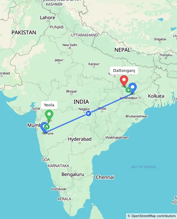 Route map showing distance and travel time from Yeola, India to Daltonganj, India