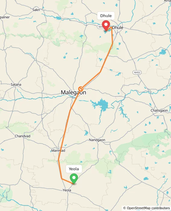 Route map showing distance and travel time from Yeola, India to Dhule, India