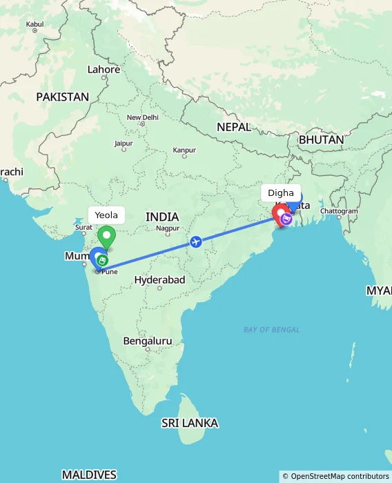 Route map showing distance and travel time from Yeola, India to Digha, India