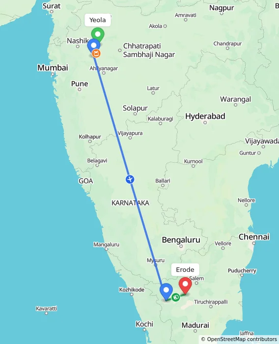 Route map showing distance and travel time from Yeola, India to Erode, India