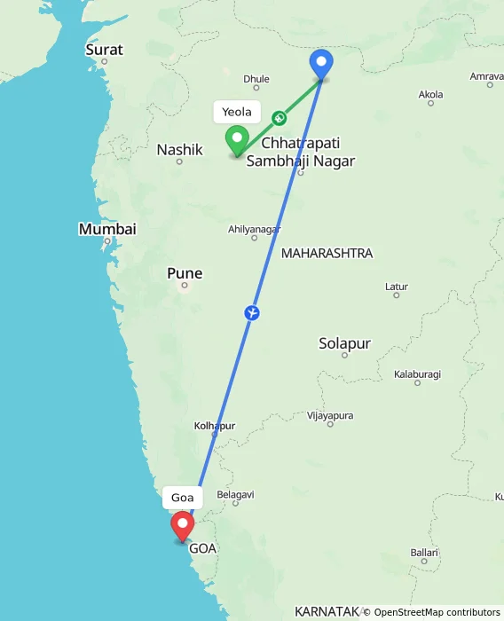 Route map showing distance and travel time from Yeola, India to Goa, India