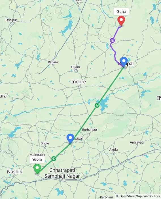 Route map showing distance and travel time from Yeola, India to Guna, India
