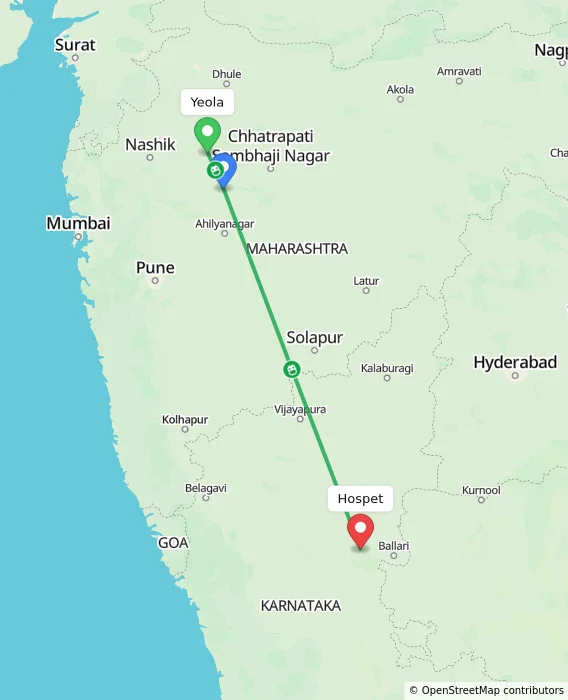 Route map showing distance and travel time from Yeola, India to Hospet, India