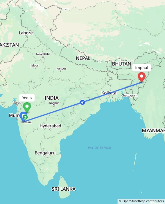 Route map showing distance and travel time from Yeola, India to Imphal, India