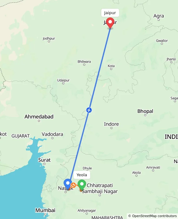 Route map showing distance and travel time from Yeola, India to Jaipur, India