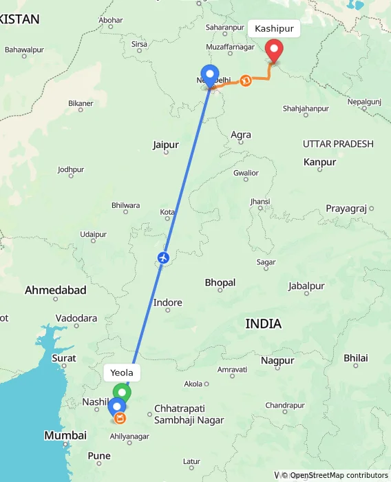 Route map showing distance and travel time from Yeola, India to Kashipur, India