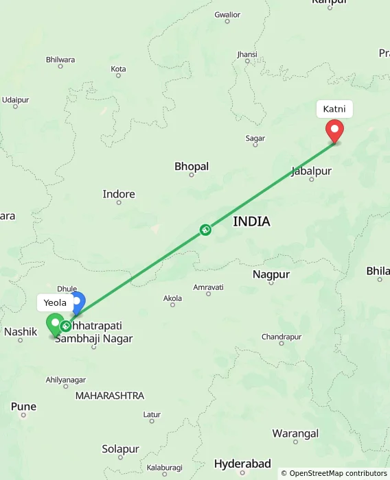 Route map showing distance and travel time from Yeola, India to Katni, India