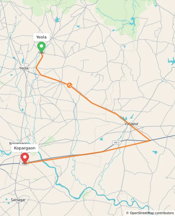 Route map showing distance and travel time from Yeola, India to Kopargaon, India