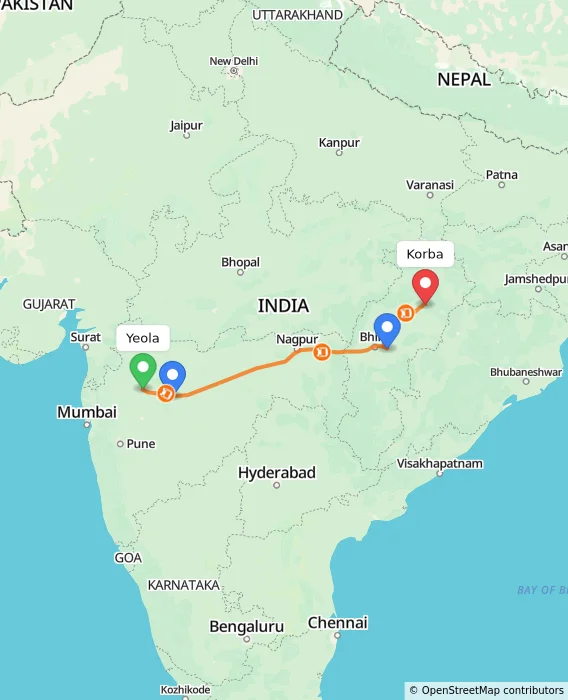 Route map showing distance and travel time from Yeola, India to Korba, India