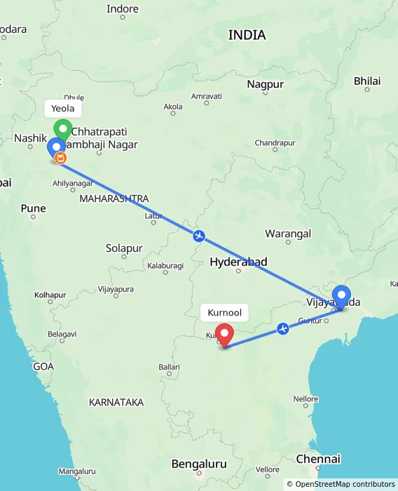 Route map showing distance and travel time from Yeola, India to Kurnool, India