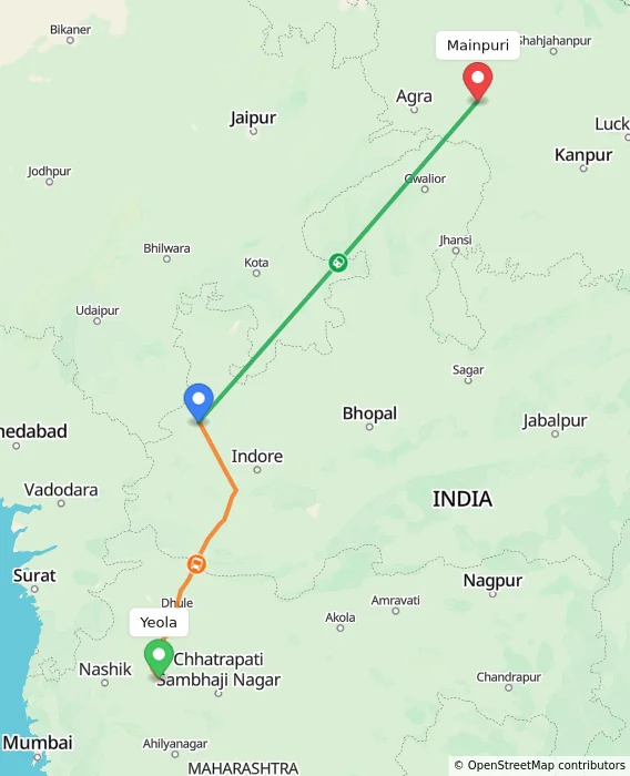 Route map showing distance and travel time from Yeola, India to Mainpuri, India
