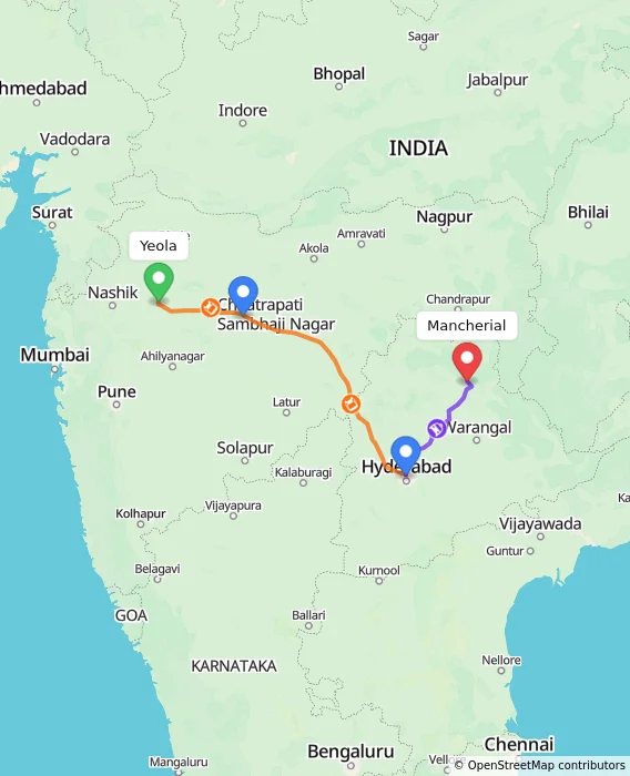Route map showing distance and travel time from Yeola, India to Mancherial, India