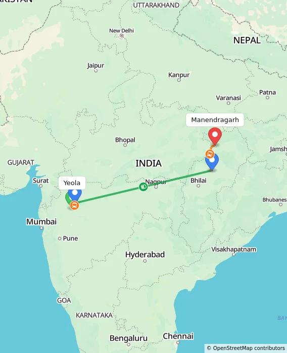 Route map showing distance and travel time from Yeola, India to Manendragarh, India