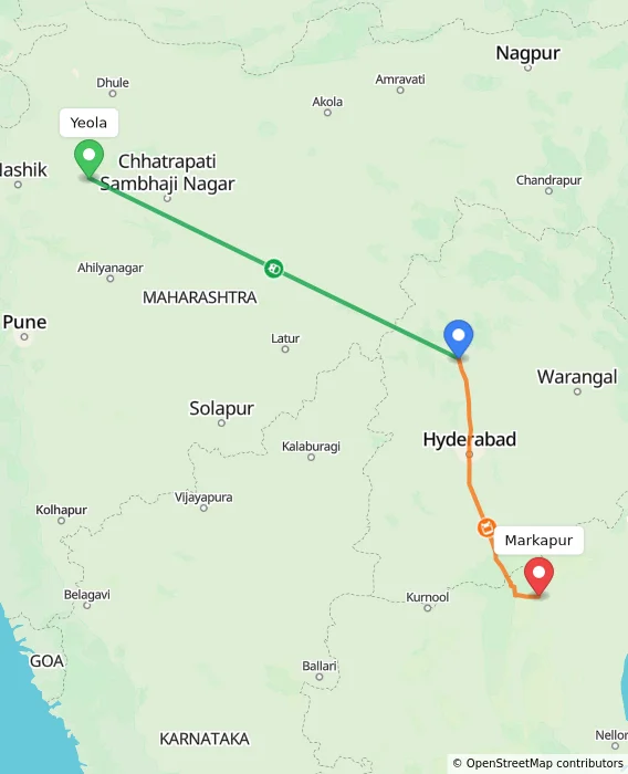 Route map showing distance and travel time from Yeola, India to Markapur, India